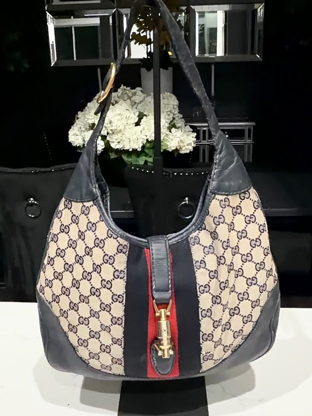 Gucci Beige GG Canvas Hobo with Navy Leather and Red Stripe